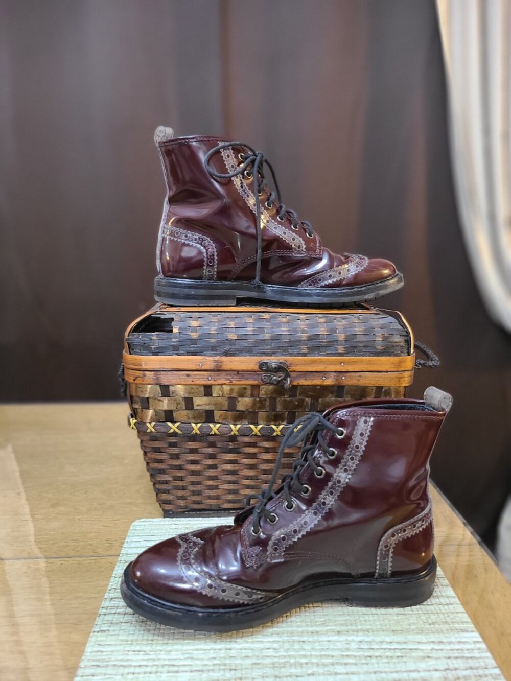 AGL Leather Wingtip Combat Lace-Up Boot Leather Burgundy Color Size EU 38 / US 8